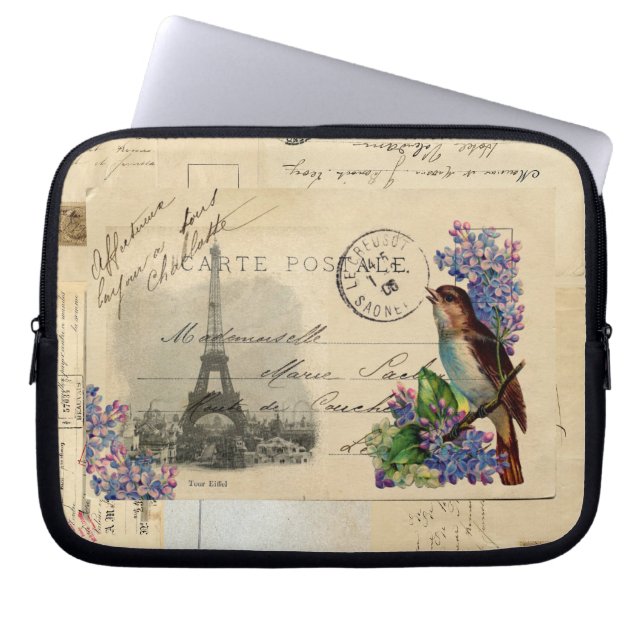 Paris Postcard Bird on Lilacs Laptop Sleeve (Front)