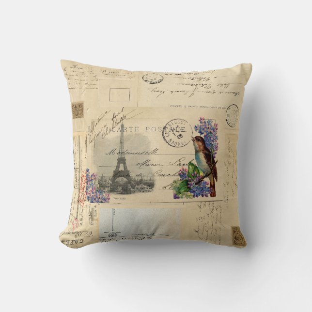 Paris Postcard Bird on Lilacs Pillow (Front)
