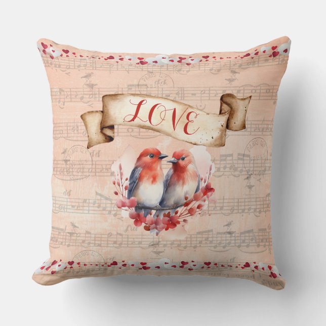 Paris Postmark Love Birds with Whimsical Notes Cushion (Front)