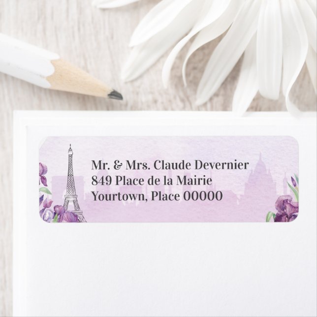 Paris Purple Iris French Napkins Return Address Label (Insitu)
