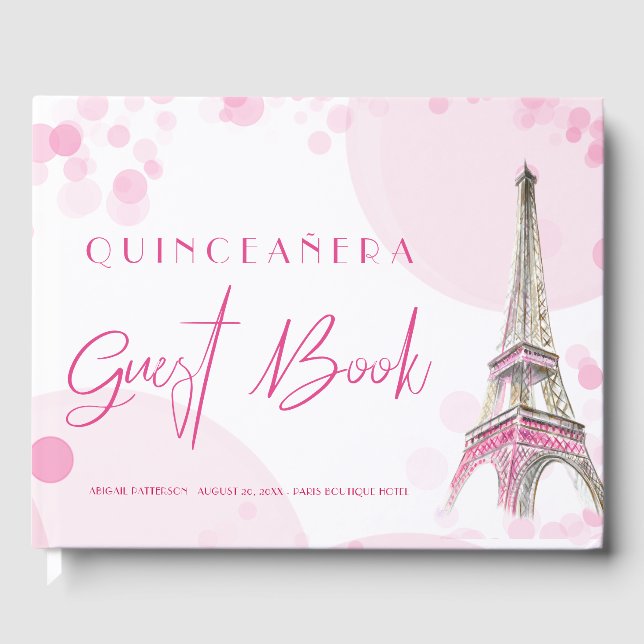 Paris Quinceanera Eiffel Tower Pink White Birthday Guest Book (Front)