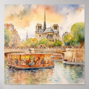 Paris River Seine Boat Trip Scene Art Poster
