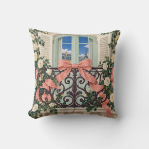 Paris Rose Balcony Coral Ribbon Bow Cushion