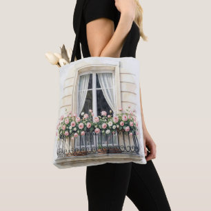  Paris Rose Balcony Watercolor Tote Bag
