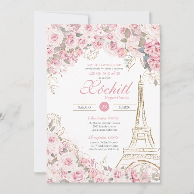 Paris Rose Garden Blossom Pink Blush Quinceanera Invitation (Front)