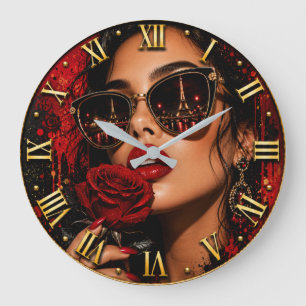 Paris Rose Noir Fashion Elegant Woman Portrait  Large Clock