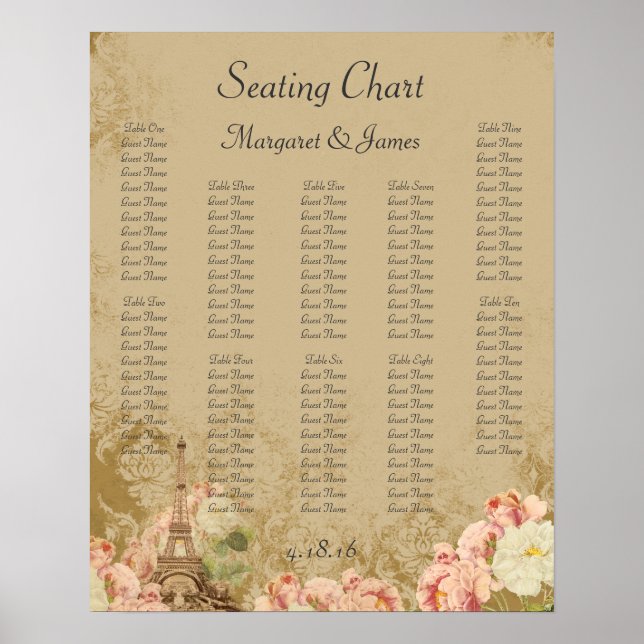 Paris Rose Tan Vintage Romantic Seating Chart (Front)