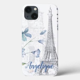 Paris Scene and Blue Flowers Custom iPhone 13 Case