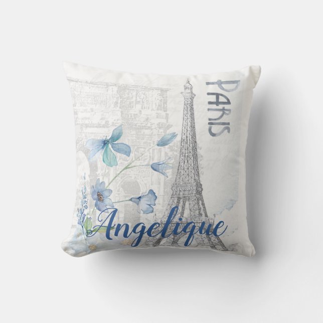 Paris Scene and Blue Flowers Custom Cushion (Front)
