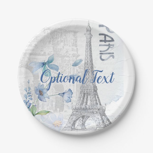Paris Scene and Blue Flowers Custom  Paper Plate (Front)
