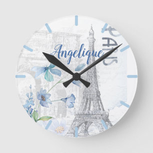 Paris Scene and Blue Flowers Custom  Round Clock