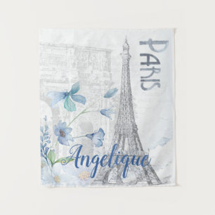 Paris Scene and Blue Flowers Custom Tapestry