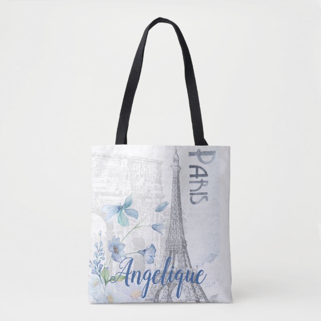 Paris Scene and Blue Flowers Custom Tote Bag (Front)