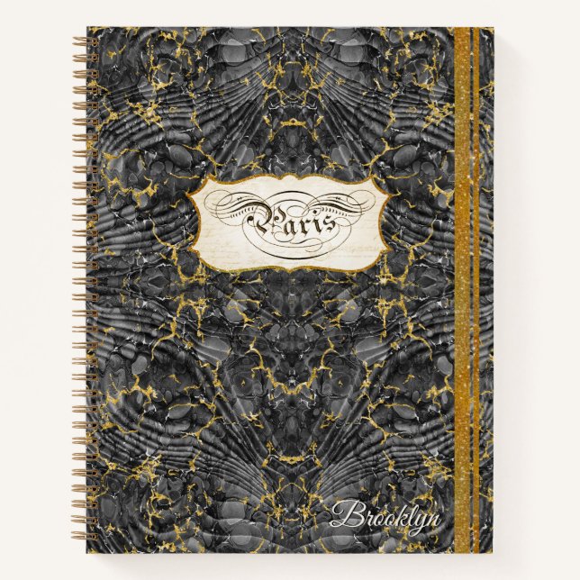Paris Script Calligraphy Vintage Marbling w Gold Notebook (Front)
