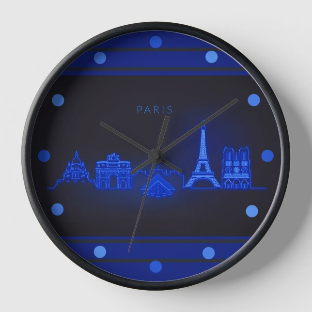 Paris Skline Neon Blue Look Cityscape  Wall Round  Clock (Front)