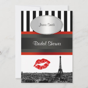 Paris Skyline BW Stripe Red Kiss PV Bridal Shower Invitation