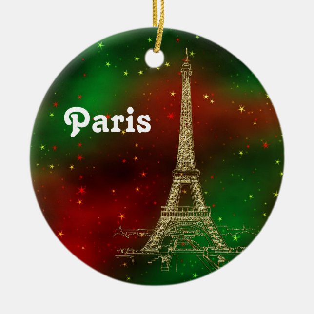 Paris Skyline Eiffel Tower Red Green Starry Xmas Ceramic Ornament (Front)