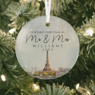 Paris Skyline Elegant First Christmas As Mr & Mrs Glass Tree Decoration