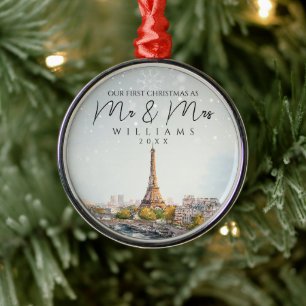 Paris Skyline Elegant First Christmas As Mr & Mrs Metal Ornament