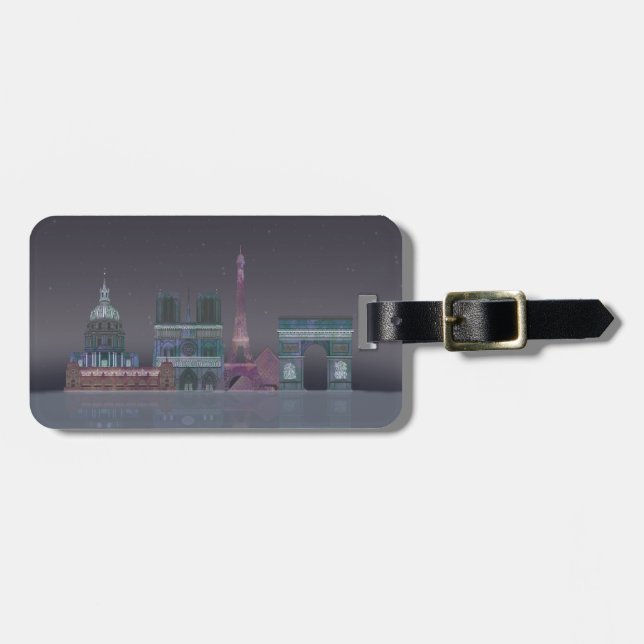 Paris Skyline Night Reflections Luggage Tag (Front Horizontal)