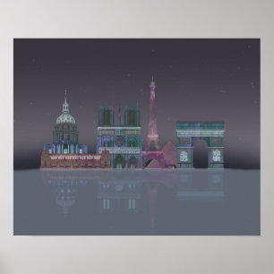 Paris Skyline Night Reflections Poster