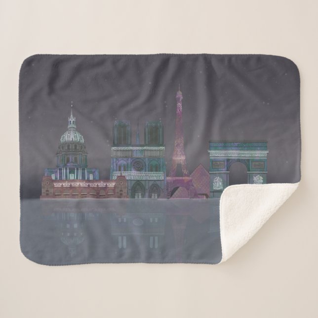 Paris Skyline Night Reflections Sherpa Blanket (Front (Horizontal))