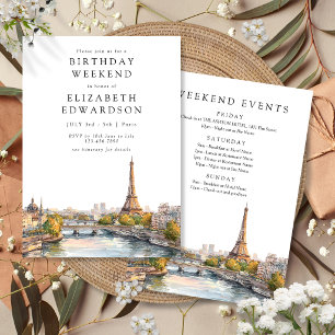 Paris Skyline Watercolor Birthday Weekend Invitation
