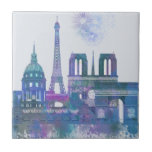 Paris Skyline - Watercolor Blue Ceramic Tile<br><div class="desc">Paris Skyline Watercolour Splash Blue by Fab Funky. Features famous landmarks of Paris in a watercolor style.</div>