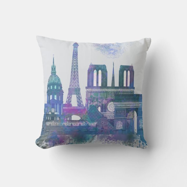 Paris Skyline - Watercolor Blue Cushion (Front)