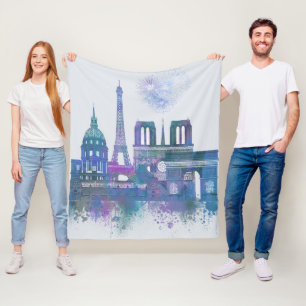 Paris Skyline - Watercolor Blue Fleece Blanket
