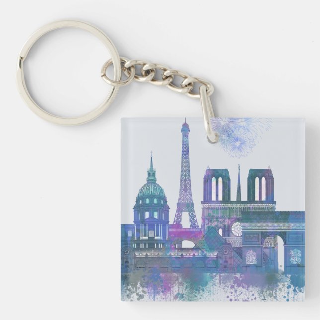 Paris Skyline - Watercolor Blue Key Ring (Front)