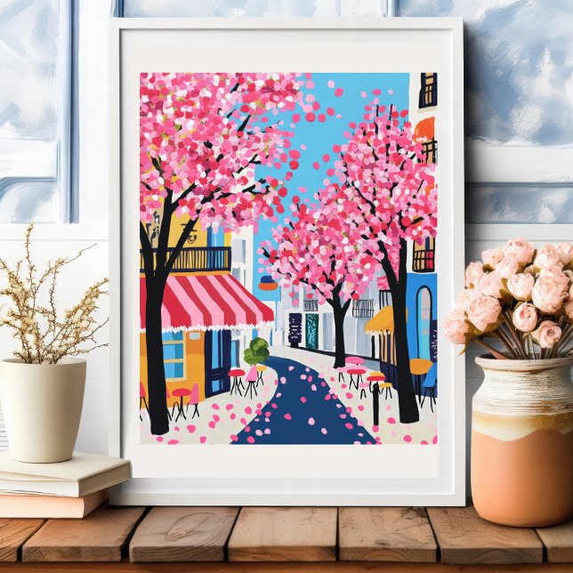 Paris Street Cherry Blossoms Cafe Wall Art (Creator Uploaded)