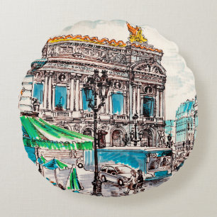  Paris street view of the theater Wicked cafe pede Round Cushion