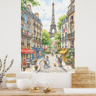 Paris Street Watercolor Poster, Eiffel Tower Wall Poster
