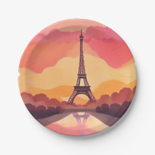 Paris Sunset Eiffel Tower France Watercolor Paper Plate