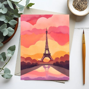 Paris Sunset   Eiffel Tower France Watercolor Postcard