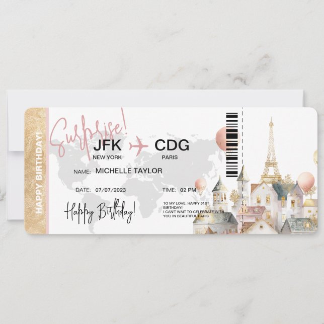  Paris Surprise Birthday Boarding Pass Ticket Invitation (Front)