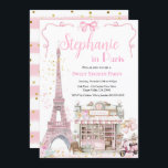 Paris Sweet Sixteen 16th Birthday Party Pink Girl  Invitation<br><div class="desc">Elegant birthday party invitation in style. 
Theme: Bonjour Mademoiselle Paris Eiffel Tower.
Occasion: Sweet 16th birthday party.
Style: Cute,  Elegant,  Romantic,  Glamourous.
Colours: Pink,  white,  gold.
Graphics: Watercolor eiffel tower,  pink coquette ribbon bow,  French patisserie cafe,  scooter,  roses,  balloon,  gold confetti.</div>
