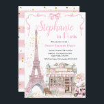Paris Sweet Sixteen 16th Birthday Party Pink Girl  Invitation<br><div class="desc">Elegant birthday party invitation in style. 
Theme: Bonjour Mademoiselle Paris Eiffel Tower.
Occasion: Sweet 16th birthday party.
Style: Cute,  Elegant,  Romantic,  Glamourous.
Colours: Pink,  white,  gold.
Graphics: Watercolor eiffel tower,  pink coquette ribbon bow,  French patisserie cafe,  scooter,  roses,  balloon,  gold confetti.</div>