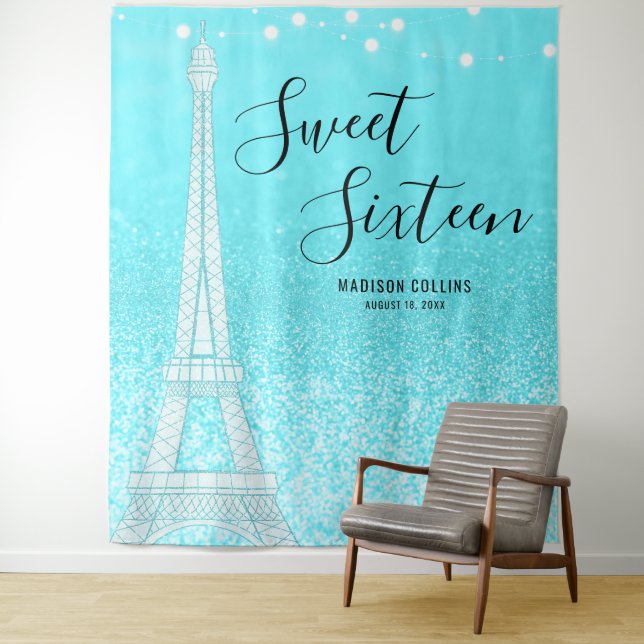Paris Teal Blue Glitter Lights Sweet 16 Backdrop Tapestry (In Situ)