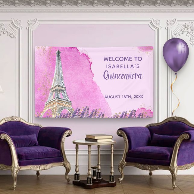 Paris Theme Eiffel Tower Pink Quinceanera Welcome Banner (Creator Uploaded)