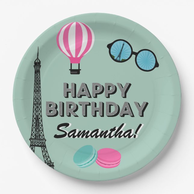 Paris Theme Happy Birthday Paper Plate (Front)