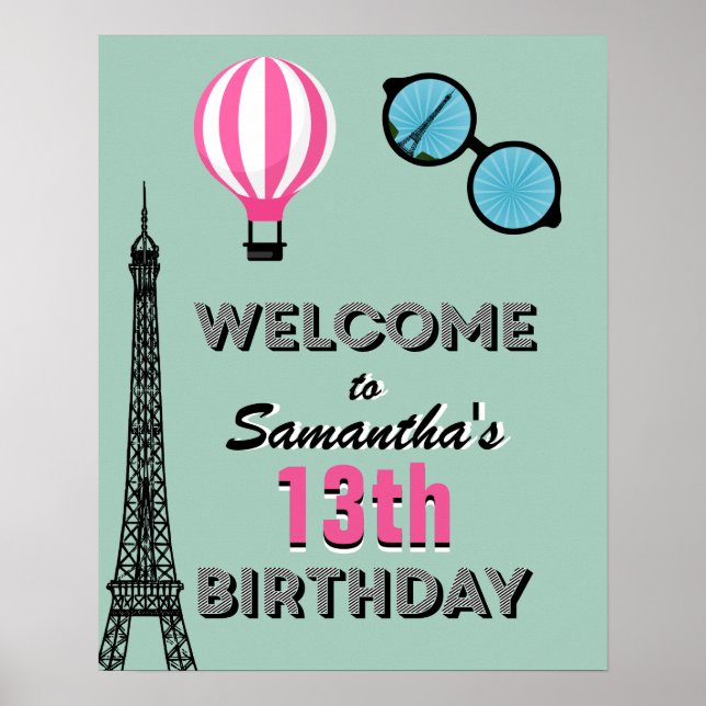 Paris Theme Happy Birthday Welcome Poster Sign (Front)
