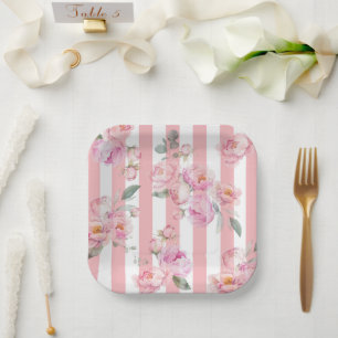 Paris theme pink stripes floral peony bridal paper plate