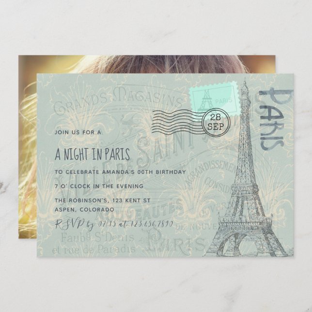 Paris themed Birthday Party add photo invitation (Front/Back)