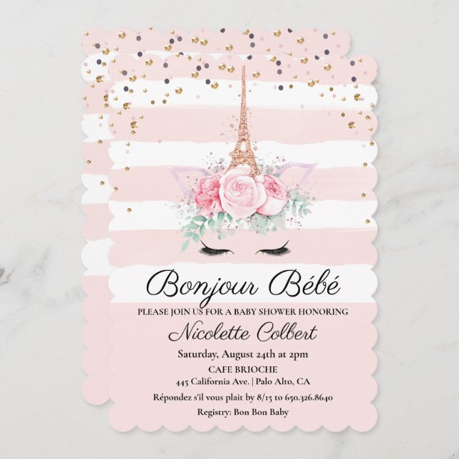 Paris Themed Unicorn Floral Baby Shower Invitation (Front/Back)