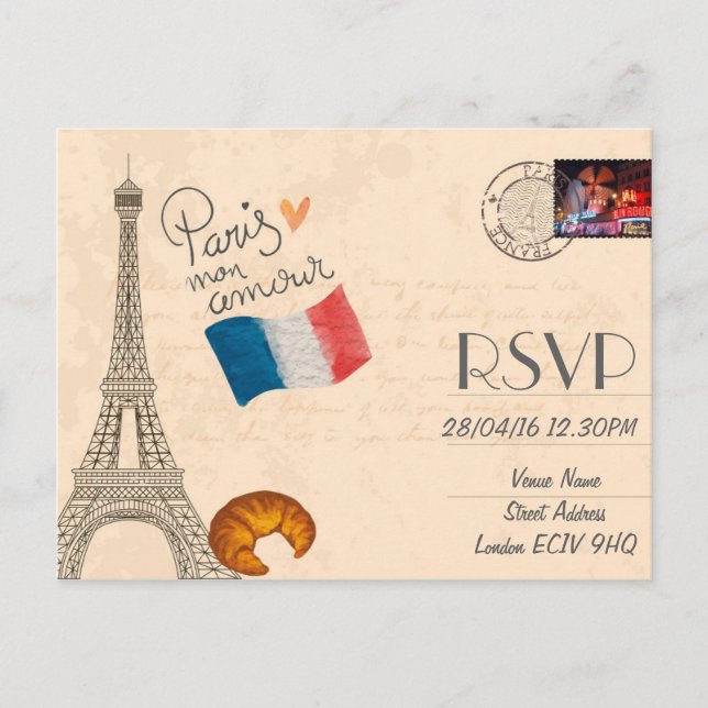 Paris Themed Wedding RSVP Invitation with Photo Postcard (Front)