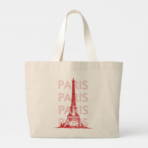 Paris, Travel Art, Retro Art, Pink Large Tote Bag