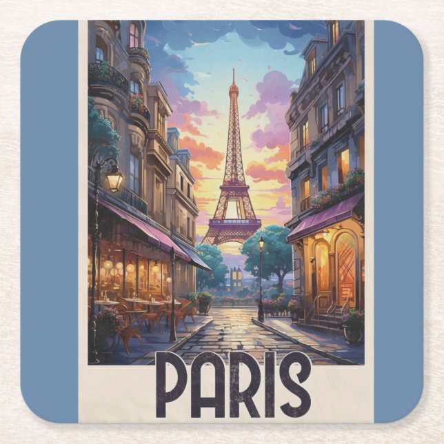Paris Travel Poster Square Paper Coaster (Front)