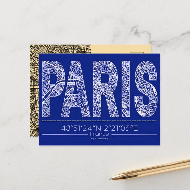 Paris Typography Map Postcard Modern Travel Design (Front/Back In Situ)